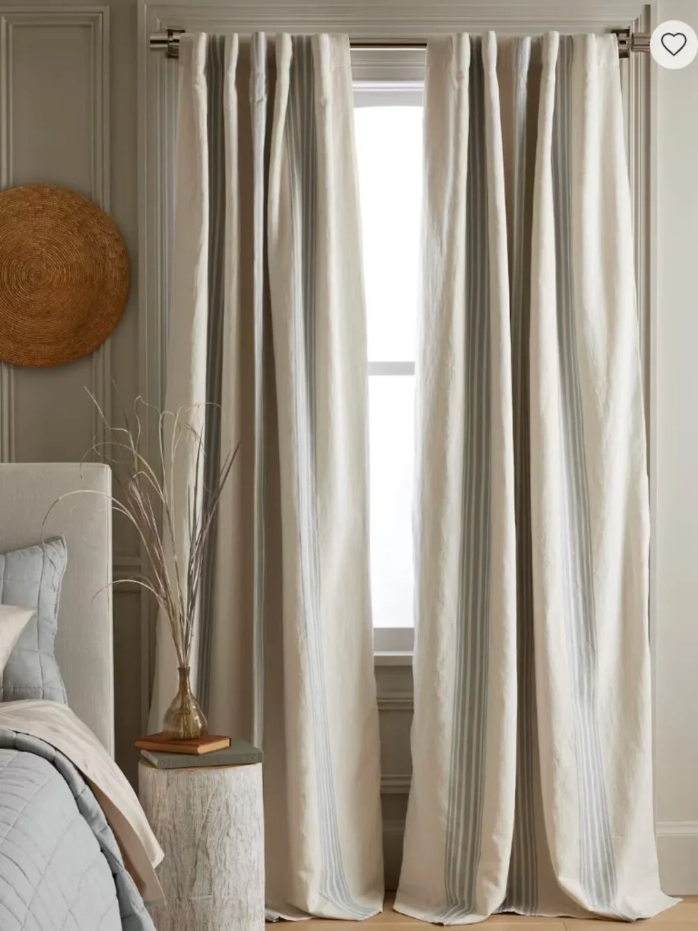 Coastal Stripe Linen Cotton Curtain - Single Panel in Ivory/Fog